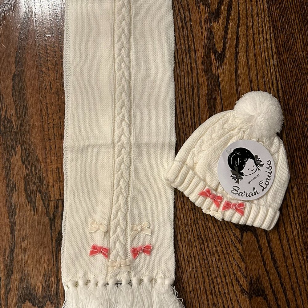NEW Sarah Louise girls matching Scarf & Hat w/pink bows